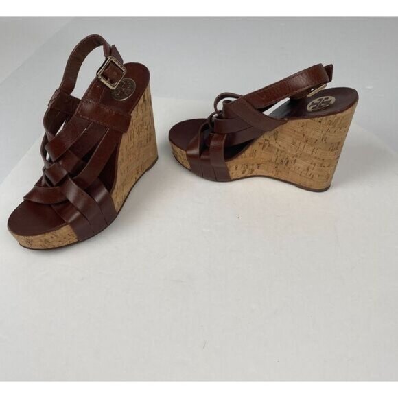 Tory Burch 7 M Ace High Wedge Platform Cork Slingback Heels Shoes Sandals Brown - Picture 16 of 16